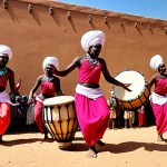 **Nagla Dance Origin:** Ancient Sudanese ritualistic scene, dancers in traditional attire, vibrant colors, drums playing, emphasizing the dance's historical roots.