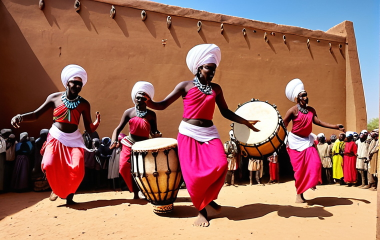 **Nagla Dance Origin:** Ancient Sudanese ritualistic scene, dancers in traditional attire, vibrant colors, drums playing, emphasizing the dance's historical roots.