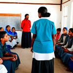 A diverse group of community members, including women, men, and children, fully clothed in modest and culturally appropriate attire, participating in a vibrant community awareness program inside a simple but well-lit building in a rural, arid region. They are engaged in positive discussions, with aid workers in professional, clean uniforms interacting respectfully. The atmosphere is hopeful and empowering, with educational materials subtly visible in the background. The scene emphasizes community resilience and education as a solution. Professional photography, realistic rendering, soft natural light, vibrant colors, clear focus. safe for work, appropriate content, fully clothed, family-friendly, perfect anatomy, correct proportions, natural pose, well-formed hands, proper finger count, natural body proportions.