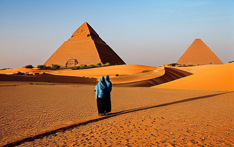 Meroe Pyramids at Sunset**

"A wide shot of the Meroe pyramids in Sudan at sunset, golden light illuminating the sand dunes. The pyramids are ancient and weathered, showcasing their unique Nubian design. In the background, a clear blue sky transitions to orange and red hues on the horizon. People in modest clothing are observing the pyramids. Safe for work, appropriate content, fully clothed, professional photography, perfect anatomy, natural proportions, family-friendly."

**