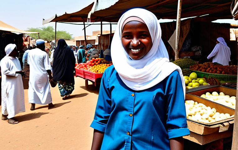 수단 여성 여행자 주의점 - **

"A female traveler in Sudan, fully clothed in modest, loose-fitting attire, including a headscar...