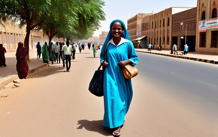 수단 여성 여행자 주의점 - **

"A female traveler in Sudan, fully clothed in modest, loose-fitting attire, including a headscar...