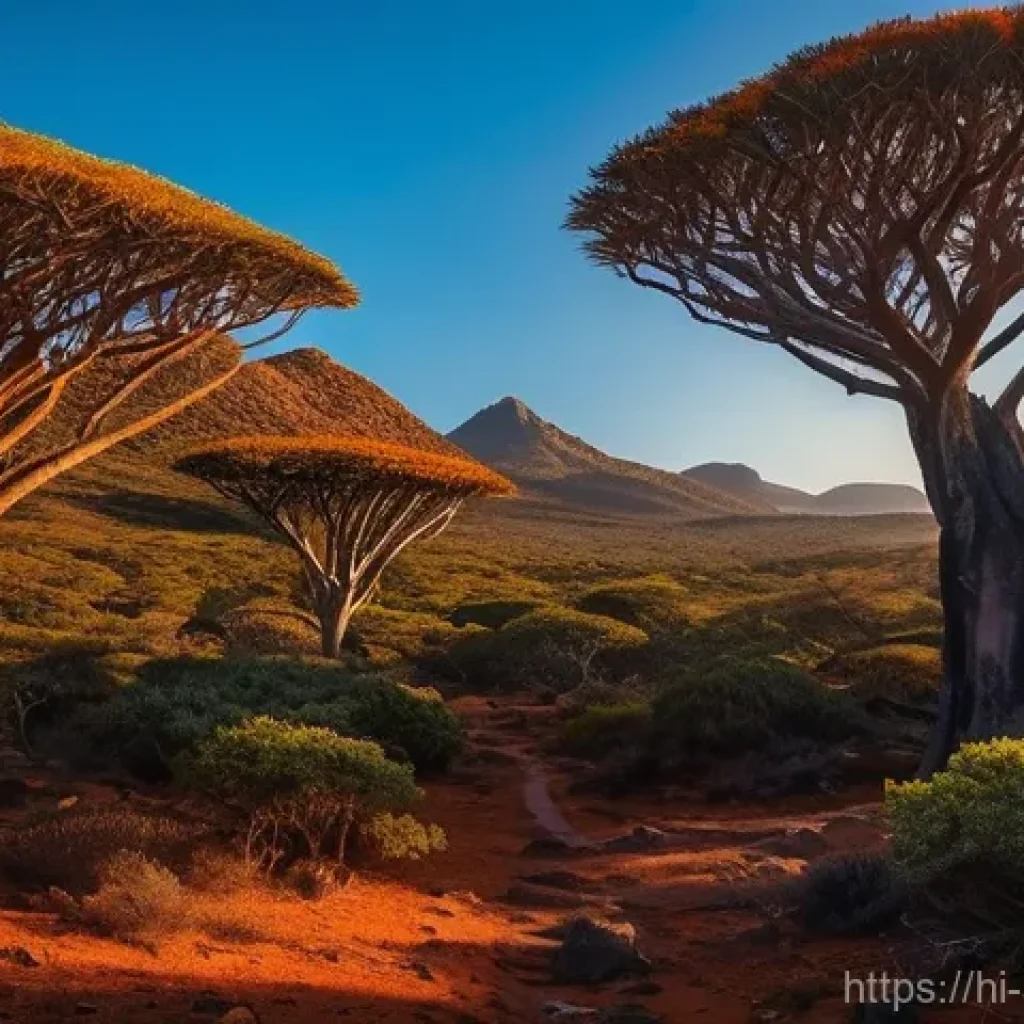수단 소코타라 섬 - **Prompt 1: The Dragon Blood Tree Forest at Sunset**
    "A stunning, wide-angle shot of the Firmihi...