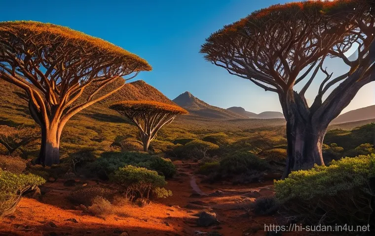 수단 소코타라 섬 - **Prompt 1: The Dragon Blood Tree Forest at Sunset**
    "A stunning, wide-angle shot of the Firmihi...