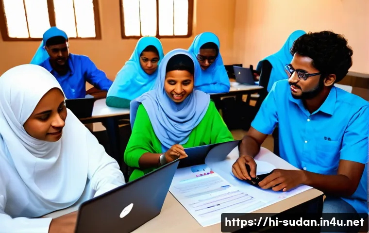 수단 IT 산업 성장 전망 - A vibrant scene of a Sudanese IT startup workshop in Khartoum, featuring young male and female entre...