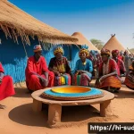 Home 21 수단 주요 부족과 민족 - A vibrant scene depicting a traditional Sudanese tribal festival featuring members of the Fur tribe ...