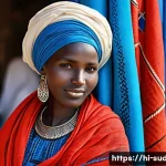 Home 20 수단 여성 전통복 토브 - A graceful Sudanese woman wearing a traditional Tob made of fine cotton fabric, featuring delicate e...