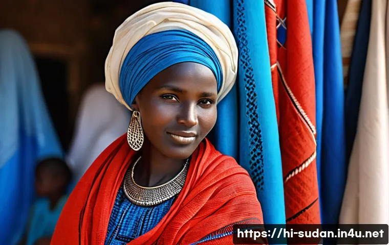 수단 여성 전통복 토브 - A graceful Sudanese woman wearing a traditional Tob made of fine cotton fabric, featuring delicate e...