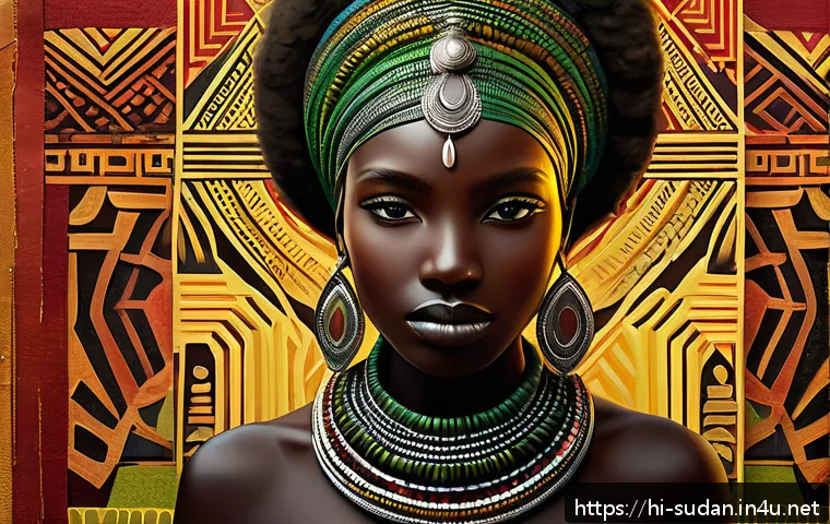 수단 유명 예술가 - A vibrant Sudanese mixed media artwork combining traditional elements with modern techniques: intric...