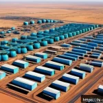 Home 18 수단 석유 산업 영향 - A detailed aerial view of Sudan’s oil production facilities set against a vast desert landscape unde...