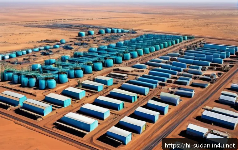수단 석유 산업 영향 - A detailed aerial view of Sudan’s oil production facilities set against a vast desert landscape unde...