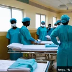 Home 23 수단 코로나19 대응책 - A modernized Sudanese hospital ward dedicated to COVID-19 patients, showing healthcare workers weari...