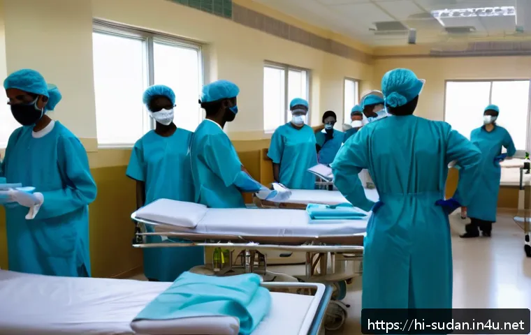 수단 코로나19 대응책 - A modernized Sudanese hospital ward dedicated to COVID-19 patients, showing healthcare workers weari...