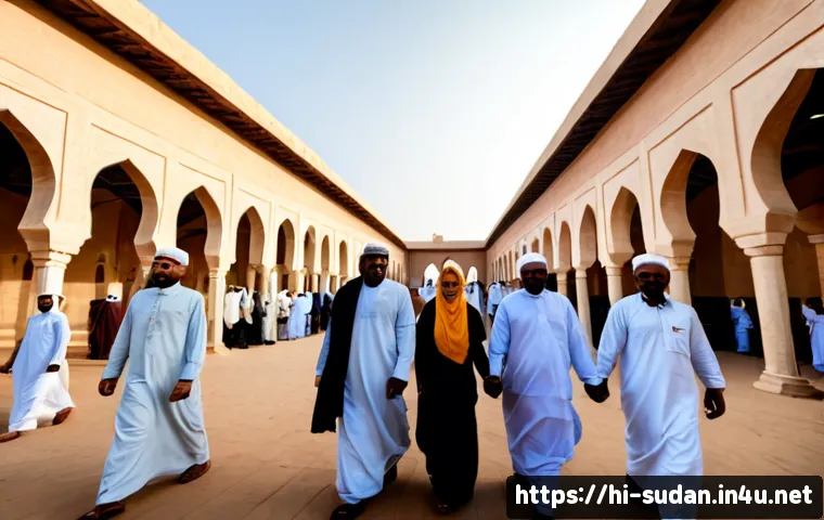 Home 26 수단 종교적 의식과 행사 - Photorealistic wide-angle scene of Sudanese Muslim families arriving for a religious celebration at ...