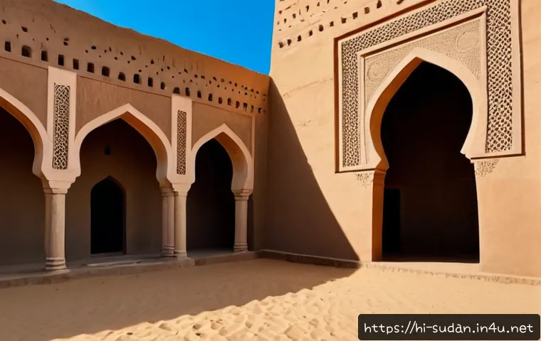 Home 15 수단 이슬람 건축 양식 - Photorealistic exterior of a historic Sudanese Islamic mud-brick mosque, tall tapered minaret with s...