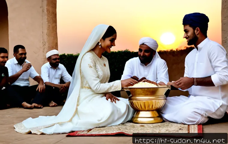 Home 15 수단 이슬람 결혼 방식 - Photorealistic Sudanese Islamic wedding ceremony in a softly lit family courtyard, a modest bride in...